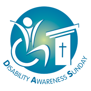 Outline of a person sitting in a wheelchair at a church pulpit with the words Disability Awareness Sunday underneath