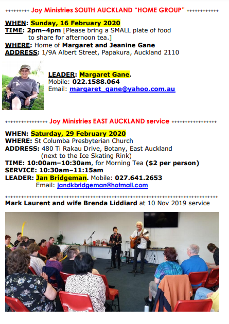 Joy Ministries Notice of Auckland Central-West 9 Feb 2020 Picnic, SOUTH 16 Feb, EAST 29 Feb, Special Event 28 March
