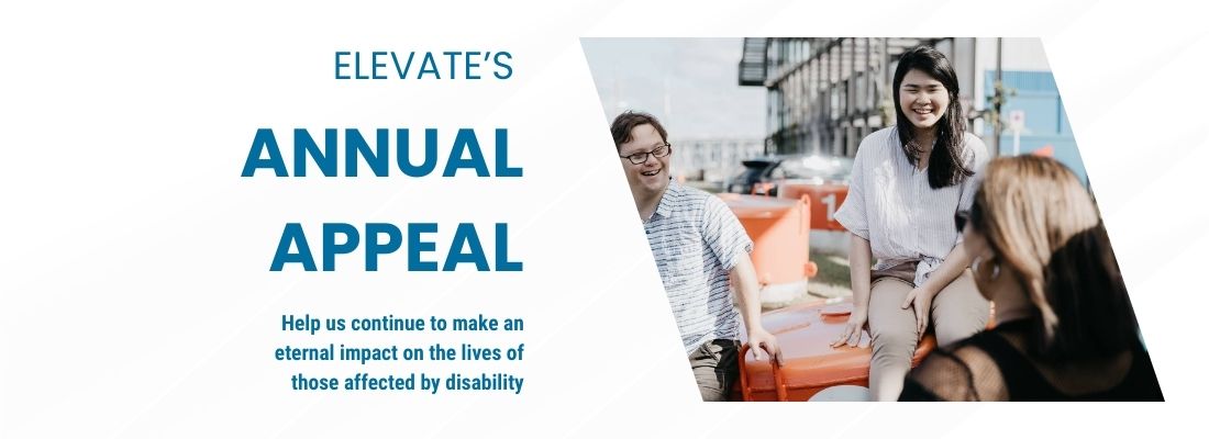 Three people smiling and chatting with blue text reading Elevate's Annual Appeal