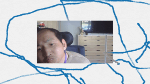 Self portrait of Yung Chen taken from his computer with sketchings around the outside of his photo of himself