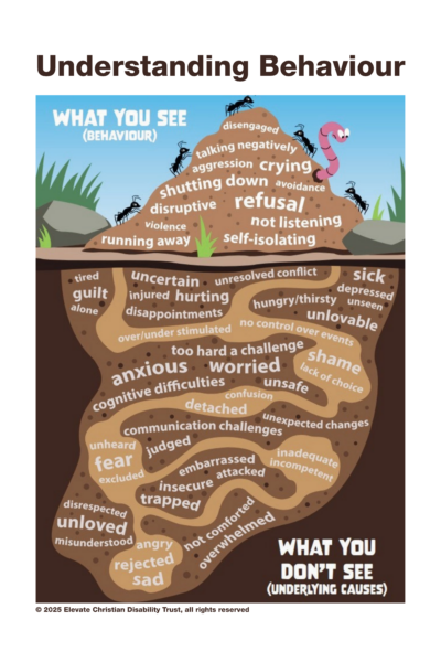 Behaviours you see may include a young person shutting down, disengaging, refusing, being violent, runnning away. The causes of these behaviours are complex and can include: anxiety, communication challenges, feeling unloved or unaccepted, being overwhelmed or having cognitive difficulties.