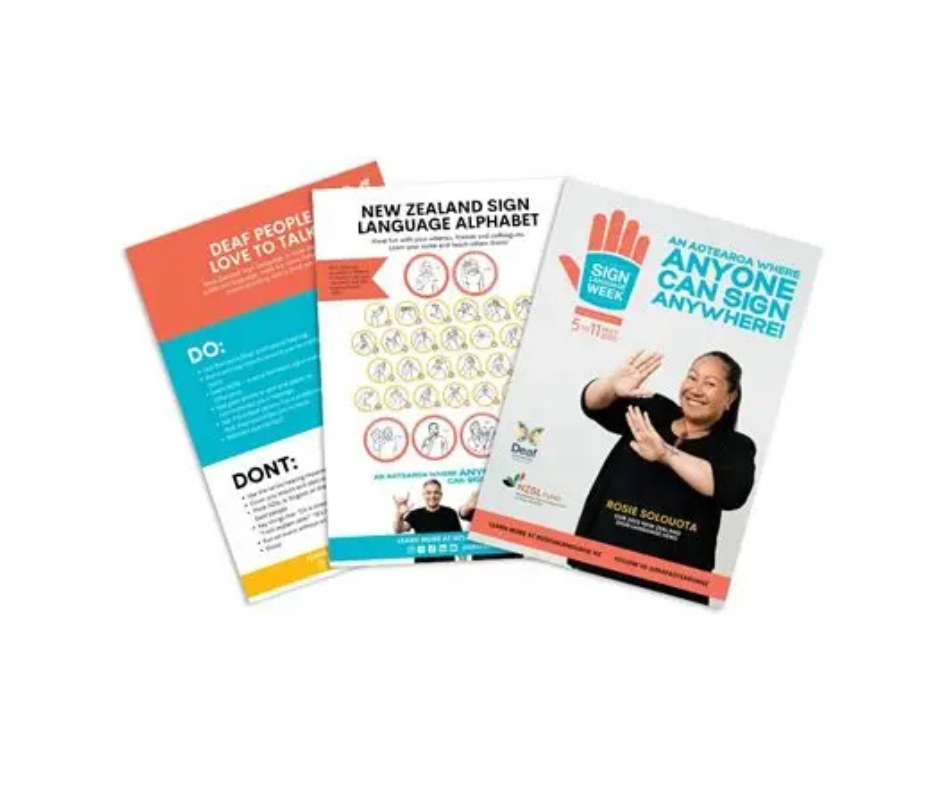 Resources are displayed to promote people learning NZSL