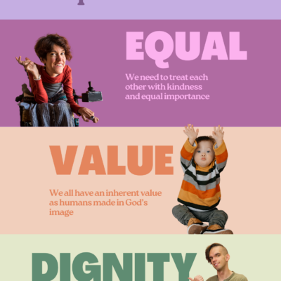 Distinct rectangular blocks show three core values - respect, value, and dignity