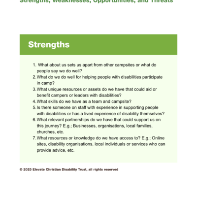 A number of exemplar questions for teams to consider are listed under "Strengths". They are discussion questions to prompt reflection on accessibility.